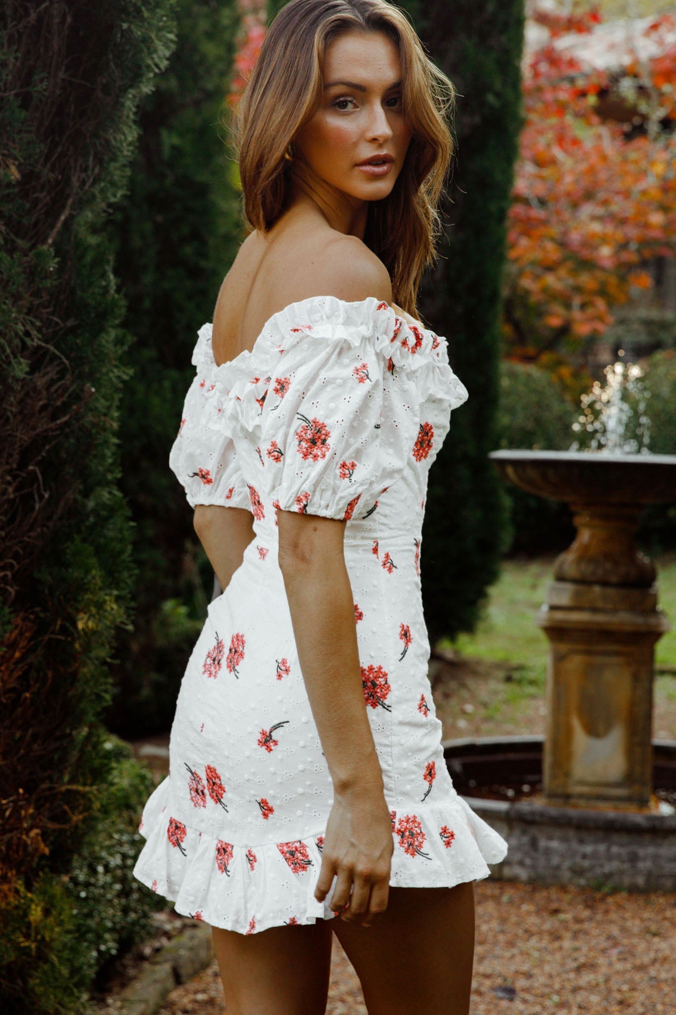 Morning Song Off-Shoulder Frill Trim Embroidery Dress Floral Print Red