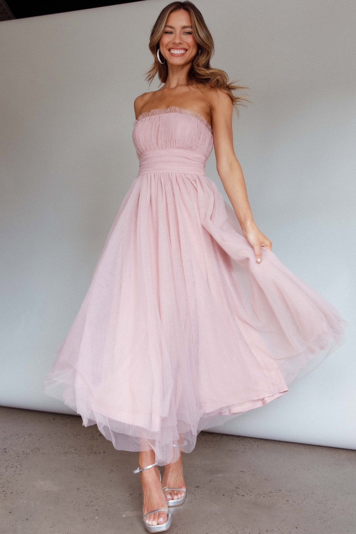 Fayette Strapless Mesh Midi Dress Blush