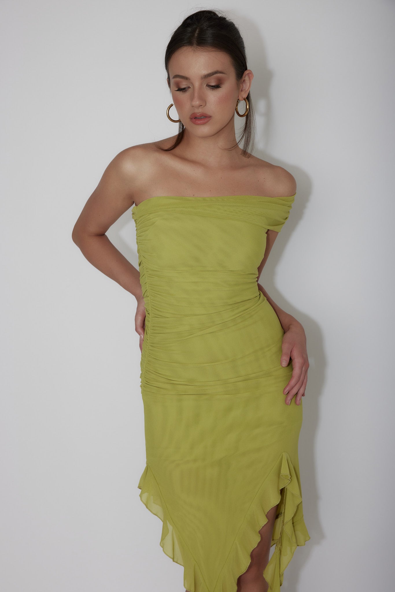 After Party One Sleeve Ruffle Mini Dress Lime