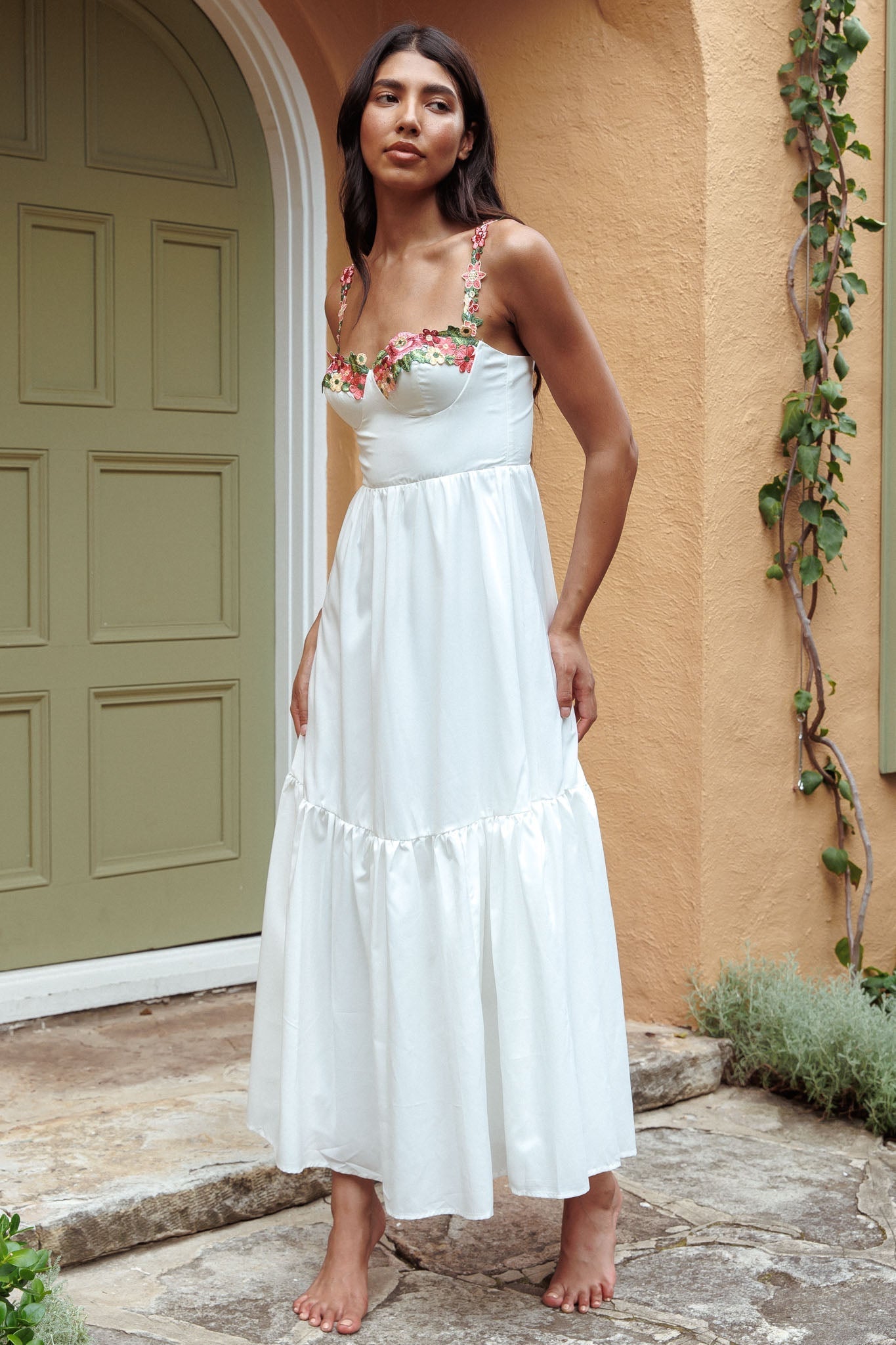 Rose Garden Floral Applique A-Line Midi Dress White