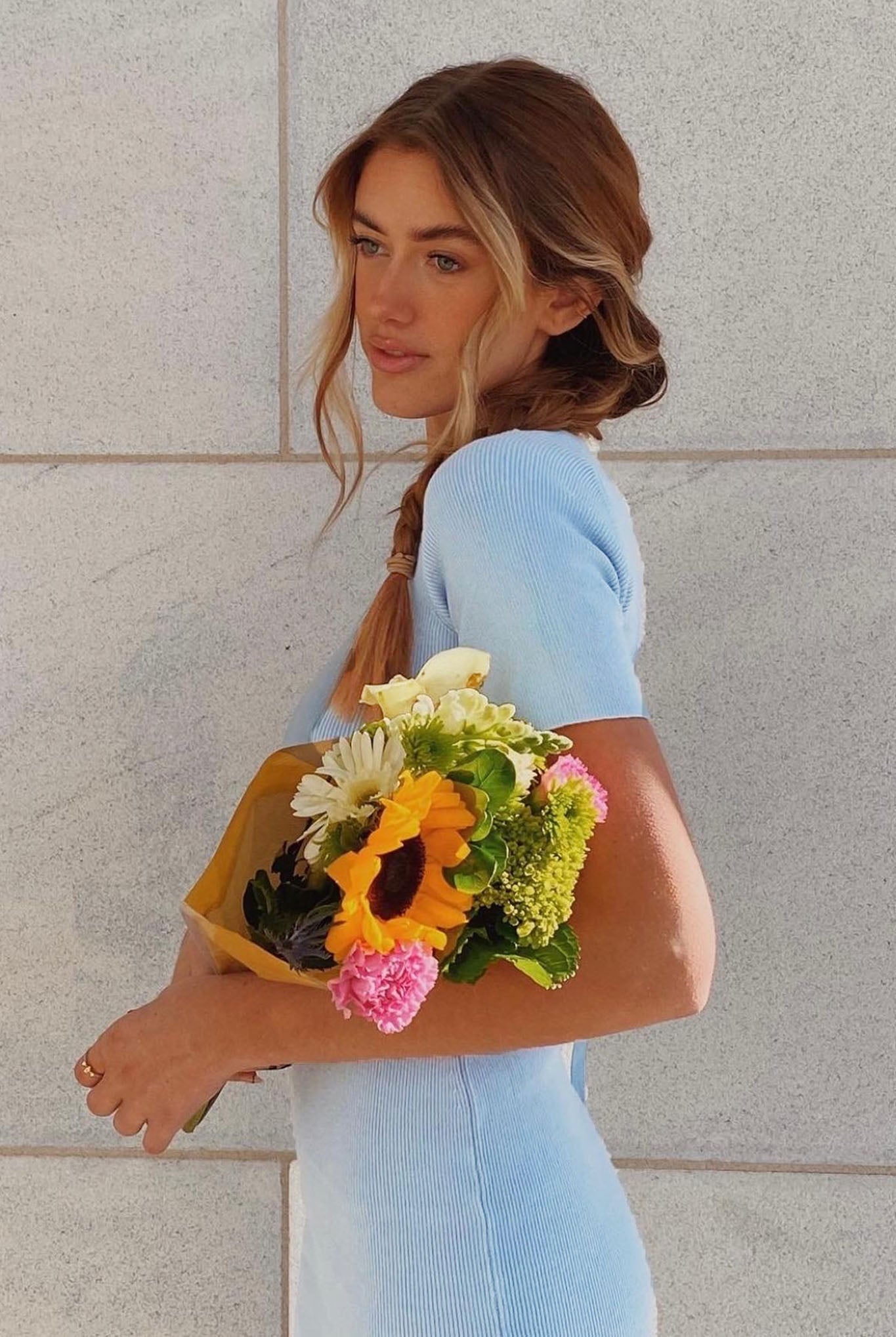 Moon Dance Open Back Short Sleeve Knit Midi Dress Steel Blue