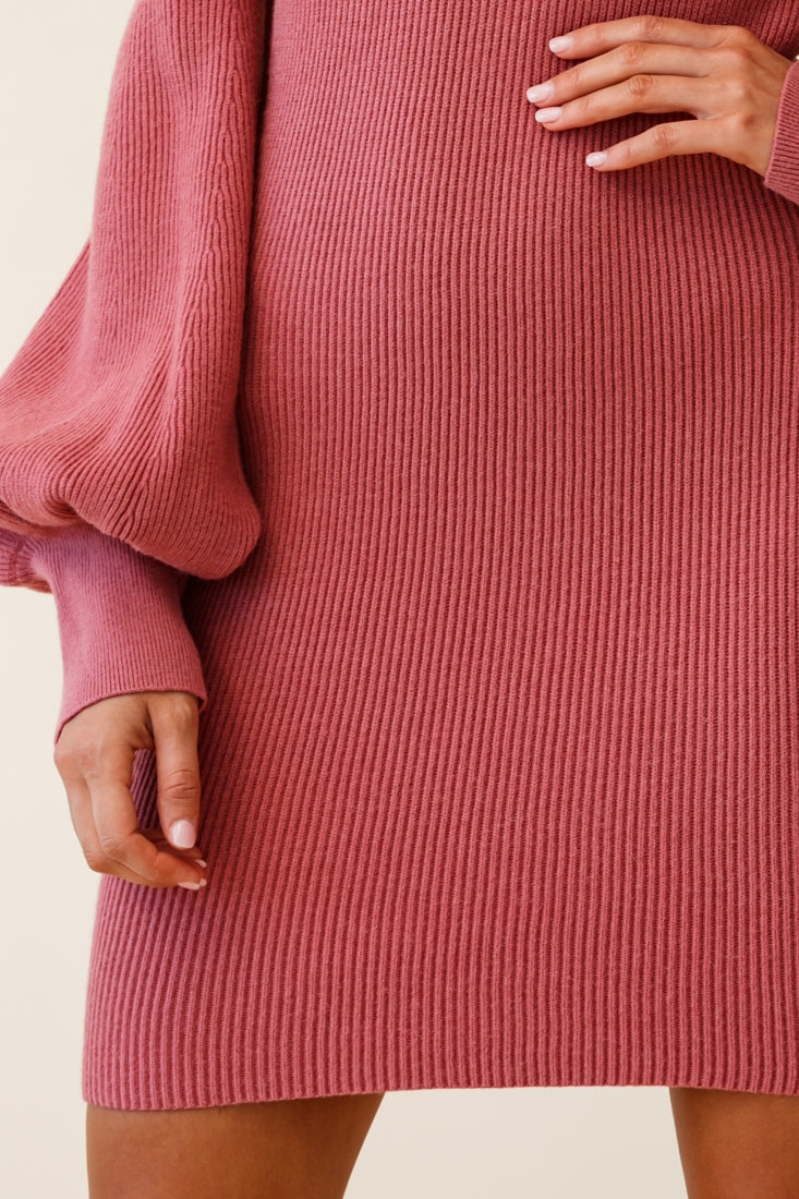 Runaway Off Shoulder Balloon Sleeve Knit Dress Rose