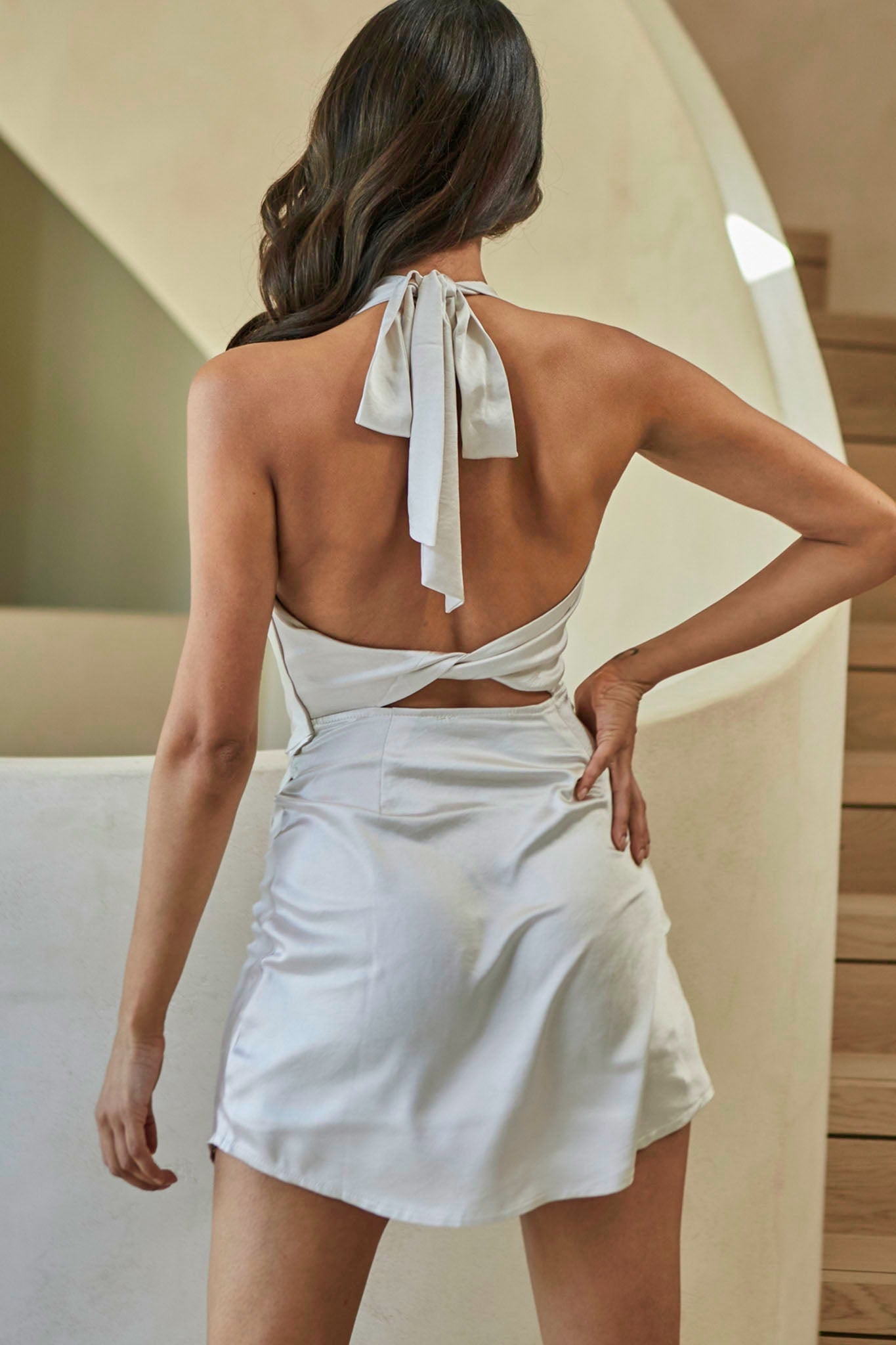 Sonoma Cowl Neckline Faux Wrap Twist Back Mini Dress Oyster