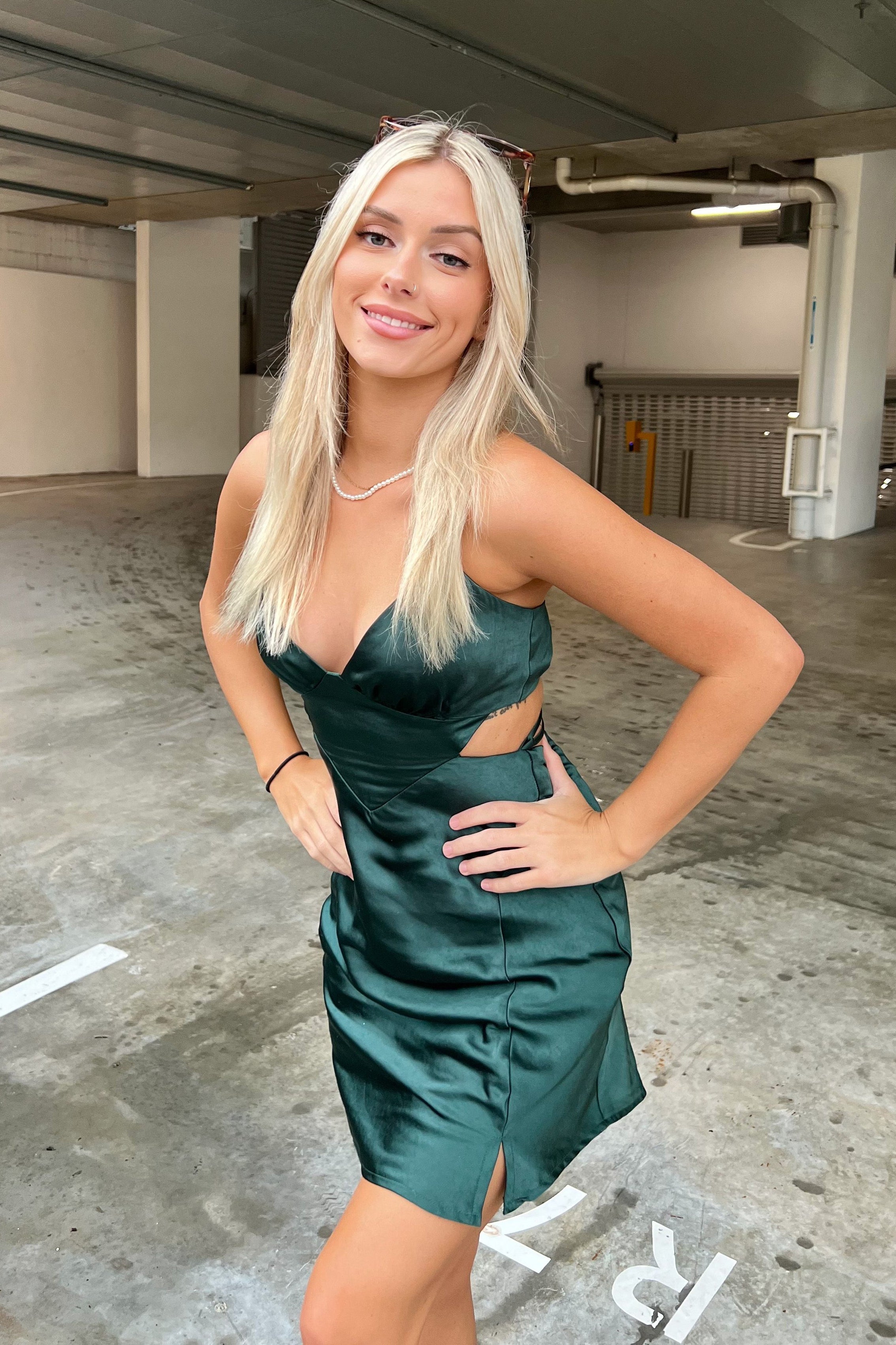 City Lights Cut-Out Waist Strappy Back Mini Dress Jade