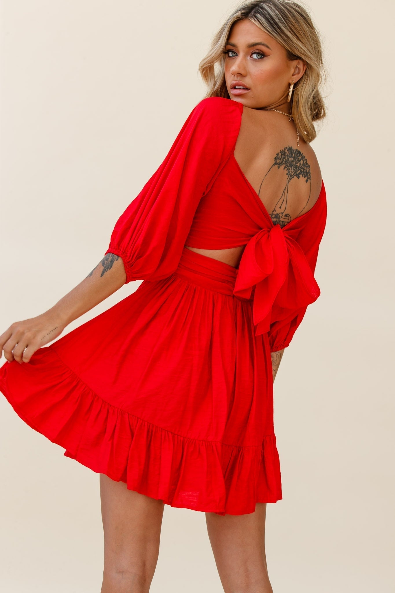 Abby Off-Shoulder Tie-Up Back Dress Red