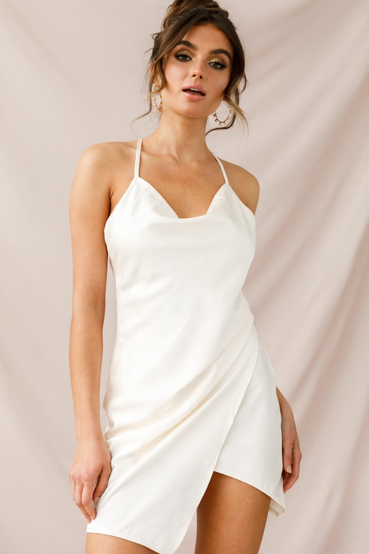 Hey Girl Cowl Neck Wrap Front Dress White