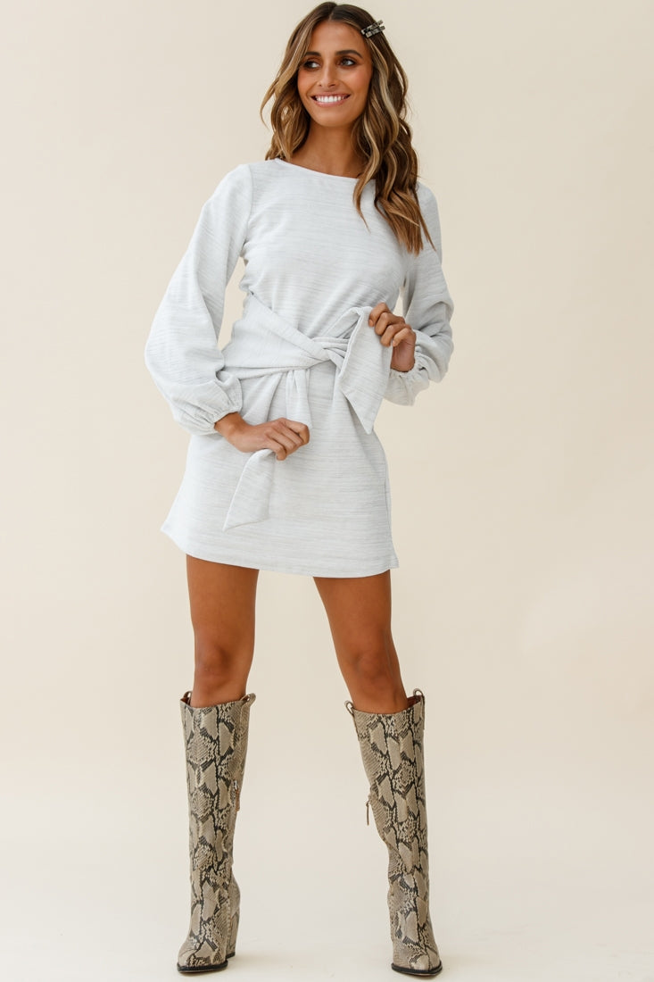 Rapt Waist Tie Bishop Sleeve Knit Dress Steel Grey