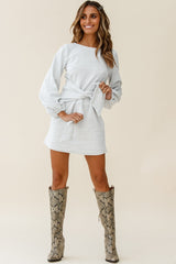 Rapt Waist Tie Bishop Sleeve Knit Dress Steel Grey